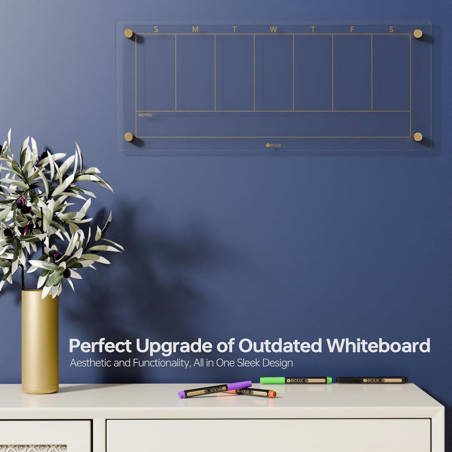 Glass Golden Weekly Dry Erase Calendar & Menu Whiteboard for Wall, Meal Planning & Grocery Shopping List White Board for Kitchen, 15x11, 7 Days Planner for Home, 4 Wet Erase Markers Included, Yeoux*