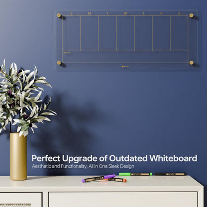 Glass Golden Weekly Dry Erase Calendar & Menu Whiteboard for Wall, Meal Planning & Grocery Shopping List White Board for Kitchen, 15x11, 7 Days Planner for Home, 4 Wet Erase Markers Included, Yeoux*