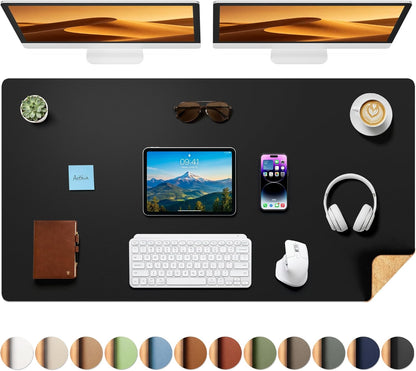 Aothia Dual-Sided Desk Pad - 25.6x13.7 inches Leather Desk Mat, Natural Cork Desk Pad Protector, Large Mouse Pad for Desk, Waterproof Desk Blotter Pad, Desk Writing Pad for Office Work/Home, Black