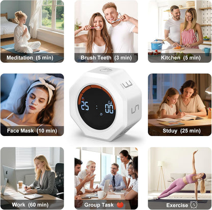 Small Productivity Timer - Pomodoro Timer with 3/5/10/25/60 Min Presets & Custom Countdown | Magnetic Rechargeable Digital Clock for Desk, Study and Games (White)