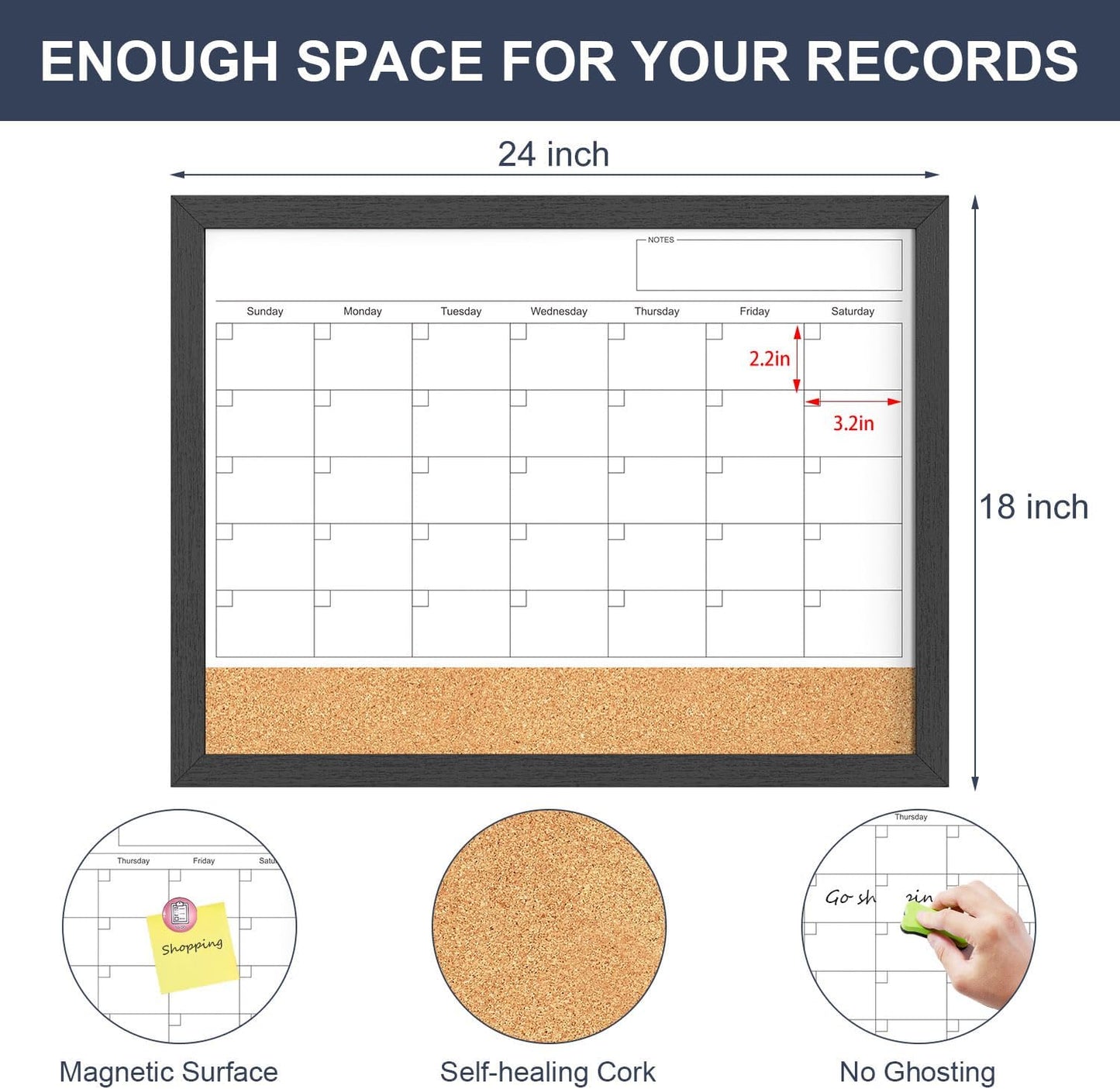 Calendar Whiteboard for Wall, TANKEE 17x13 Inches Whiteboard Calendar Cork Board Combo, Small Magnetic White Board with Wood Framed, Hanging Dry Erase Board for Kitchen Home Office School Planner