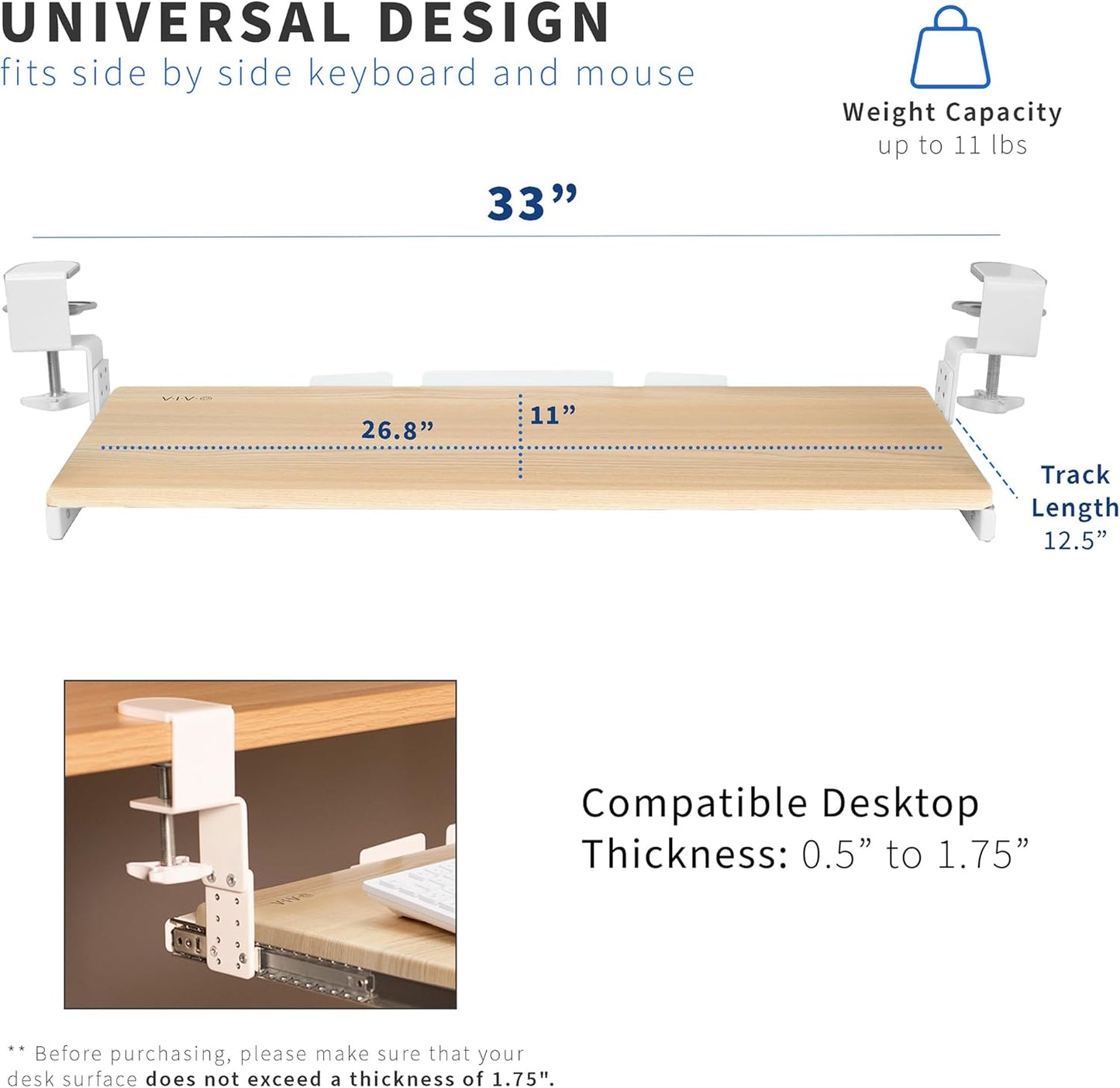 VIVO Large Height Adjustable Under Desk Keyboard Tray, C-clamp Mount System, 27 (33 Including Clamps) x 11 inch Slide-Out Platform for Typing, White, MOUNT-KB05HW