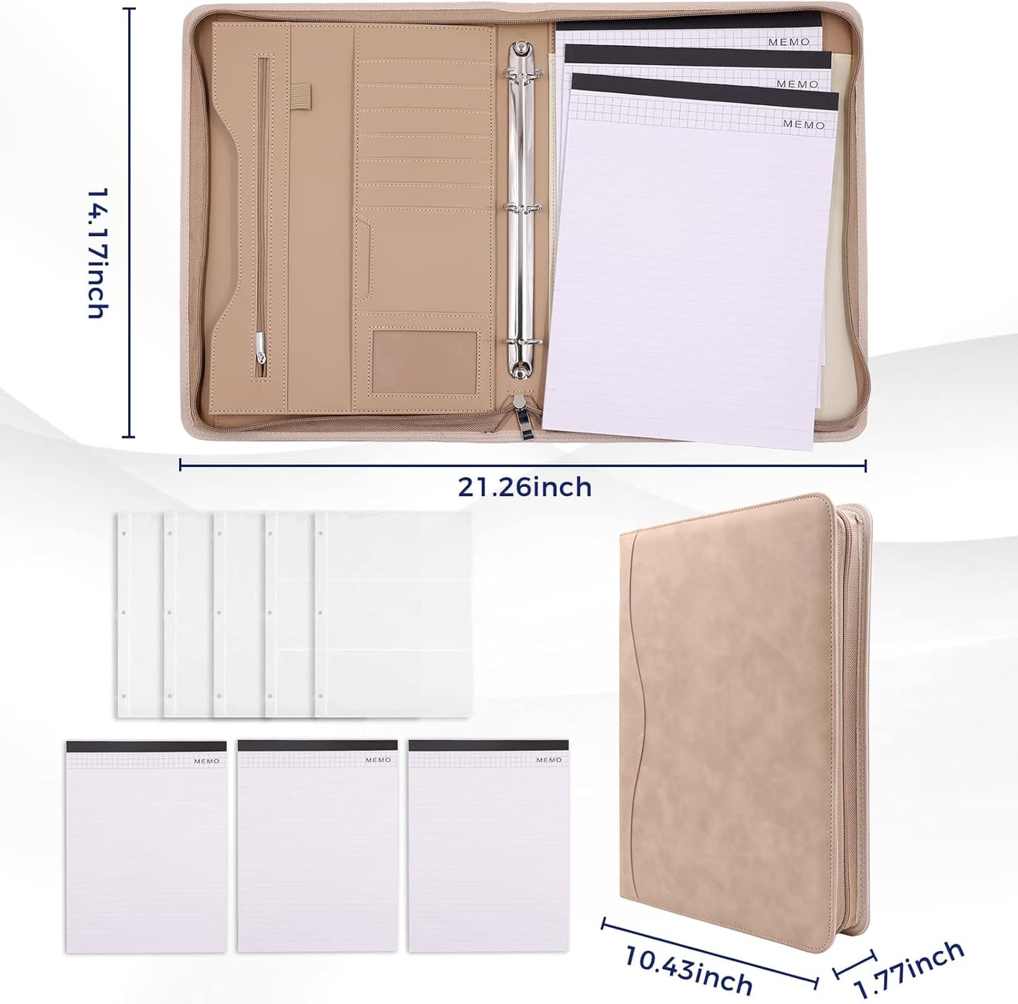 Padfolio Portfolio Folder Binder-Organizer Planner Notebook Zippered Portfolio Padfolio for Women & Men with Document Sleeve,Letter/A4 Size Clipboard,Business Card Holders (Brown Leaf)