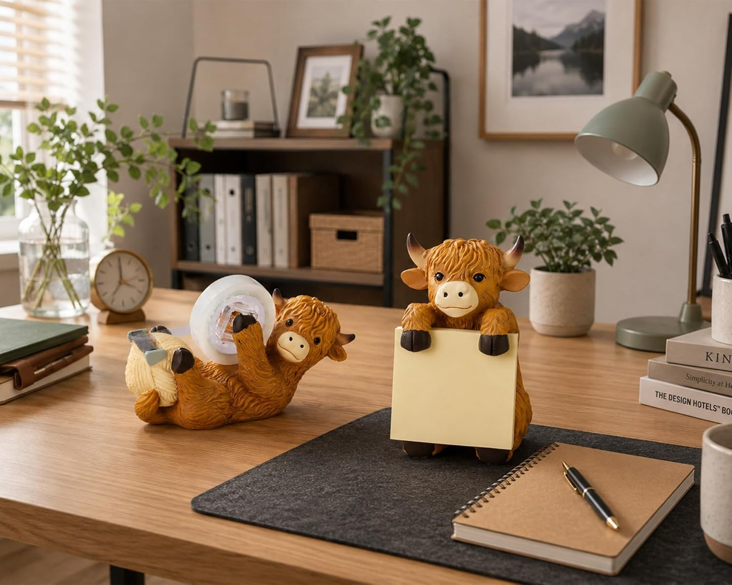 Highland Cow Pop-up Sticky Note Dispenser, Includes 1 Pad of 3x3 in Super Sticky Notes, 100 Sheets, Resin Cute Handmade Desk Holder for Office & Home-Beige