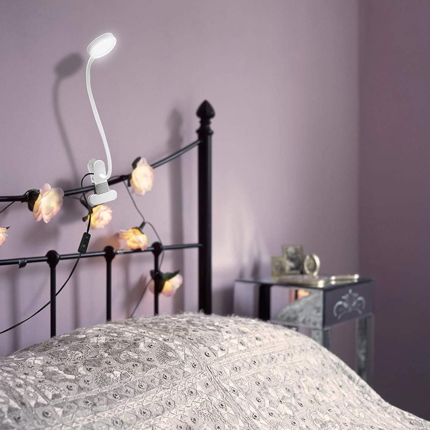 LEPOWER Clip on Light/Reading Lights/Book Light/Desk Lamp Color Changeable/Night Lights Clip on for Desk, Bed Headboard and Computers, Adapter Included (Black) Metal