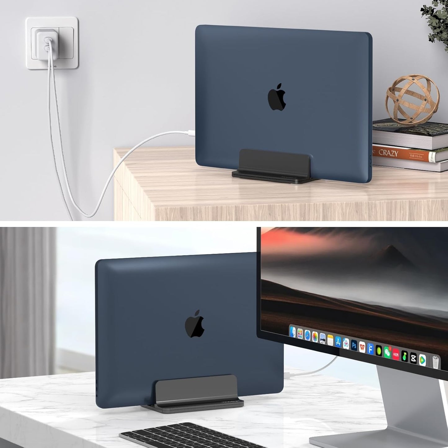 YICOSUN Dual-Slot Aluminum Vertical Laptop Stand for Desk - Adjustable Width Dock for MacBook, Surface, Samsung, HP, Dell up to 17.3 inches - Space-Saving & Protective Design - Gray