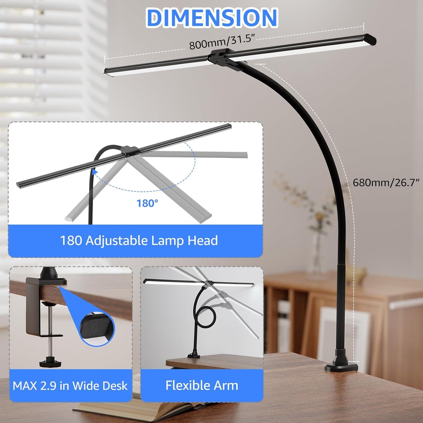 ShineTech LED Desk Lamp for Home Office, Ultra Bright Clamp Light with Flexible Gooseneck, 25 Lighting Modes, Eye-Caring Architect Lamp for Dual Monitors, Reading & Gaming Setup
