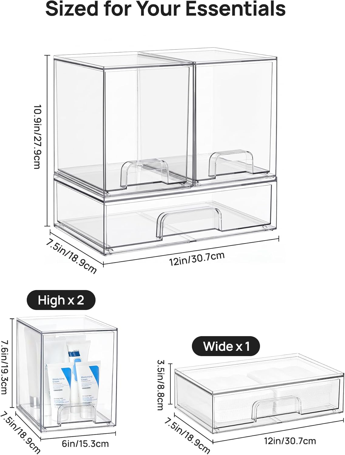 Vtopmart Stackable Storage Drawers Set of 3,Clear Plastic Organizer Bins for Makeup, Cosmetics, Beauty Supplies,Ideal for Vanity, Bathroom,Cabinet,Pantry Organization