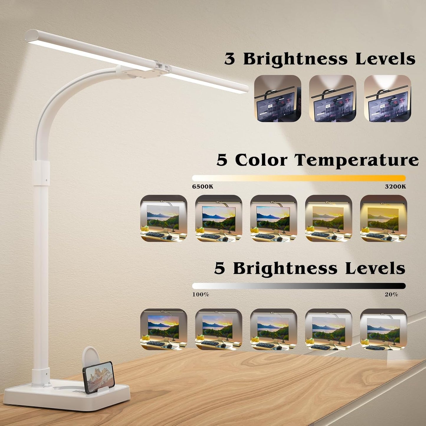 AKRRYR LED Desk Lamp for Home Office, Double Head 24W with Base, Architect Light 5 Lighting Brightness Flexible Gooseneck Table Reading Study, Black