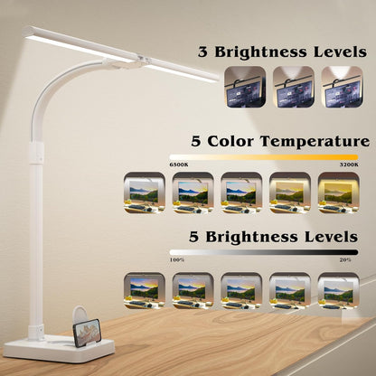 AKRRYR LED Desk Lamp for Home Office, Double Head 24W with Base, Architect Light 5 Lighting Brightness Flexible Gooseneck Table Reading Study, Black