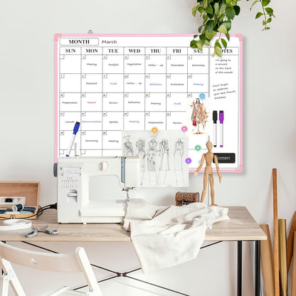 Monthly Whiteboard Calendar for Wall, Small 16" x 12" Dry Erase Board with Plastic Frame, Hanging Dry Erase Calendar with 3 Mini Sticky Notes for Kitchen Planner, Memo, Home and Office