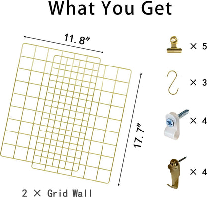 Wall Grid Panel for Photo Display,Wall Storage Organizer,5 Metal Clips & 3 S Hooks & 4 Nails & 4 Plastic Hanging Buckles and 4 Screws Offered,Size 17.5" x 11.8",2 Pack(Gold)