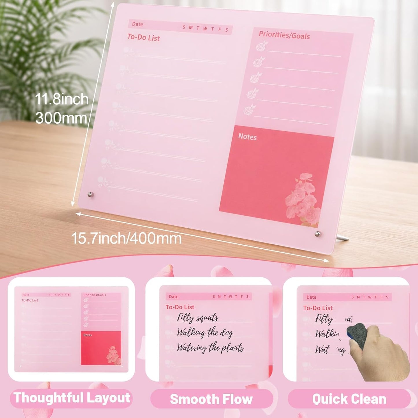 LeMotech Desktop Acrylic Dry Erase Board, 12x10 inches to-Do List Planner, Tabletop Whiteboard with Stand Office Supplies Includes 2 Markers & 1 Eraser, Pink Rose Pattern, 1 Pack