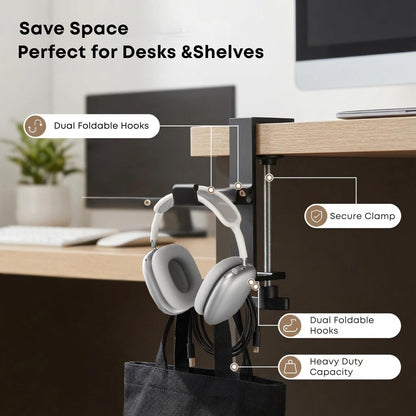 JAKO Headphone Stand for Desk, 3 Hooks Aluminum Alloy Headphone Holder (1 Foldable+2 Fixed) Space Saving Headset Stand Hook, Universal Fit PC Gaming Headsets Holder Desk Clamp for Office/Game Table