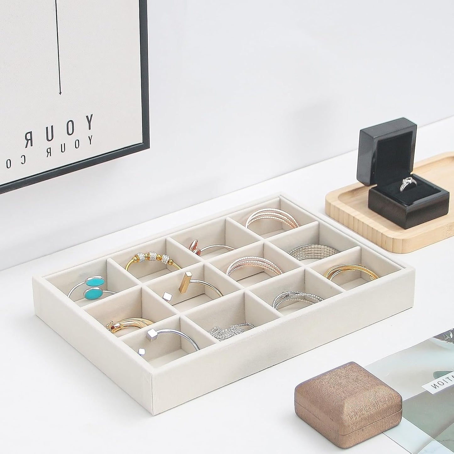 Bedside Organizer - Multi-use Holder for Desk Drawer, Nightstand, Desktop - Catchall Tray for Jewelry, Sunglasses, Phone, Watch, Perfume, Lipstick (Beige 5Grid)