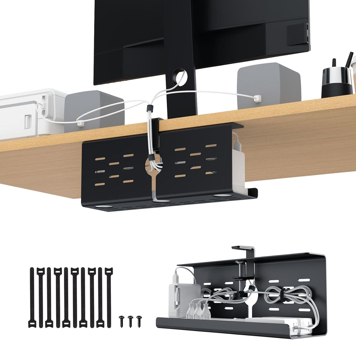 KEEGH 16" Under Desk Cable Management Tray, No Drill Clamp Mount, Desk Cord Organizer Upgrade Capacity, Cord Management Tray for Home Office, Gaming Desk, Standing Desk, Black, 2 Pack