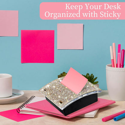 Rhinestone Self Sticky Note Holder Post it Note Dispenser Pop-Up Sticky Notes Dispenser 4 x 4 inch Post it Dispenser for Office Desk Accessories(Pink)