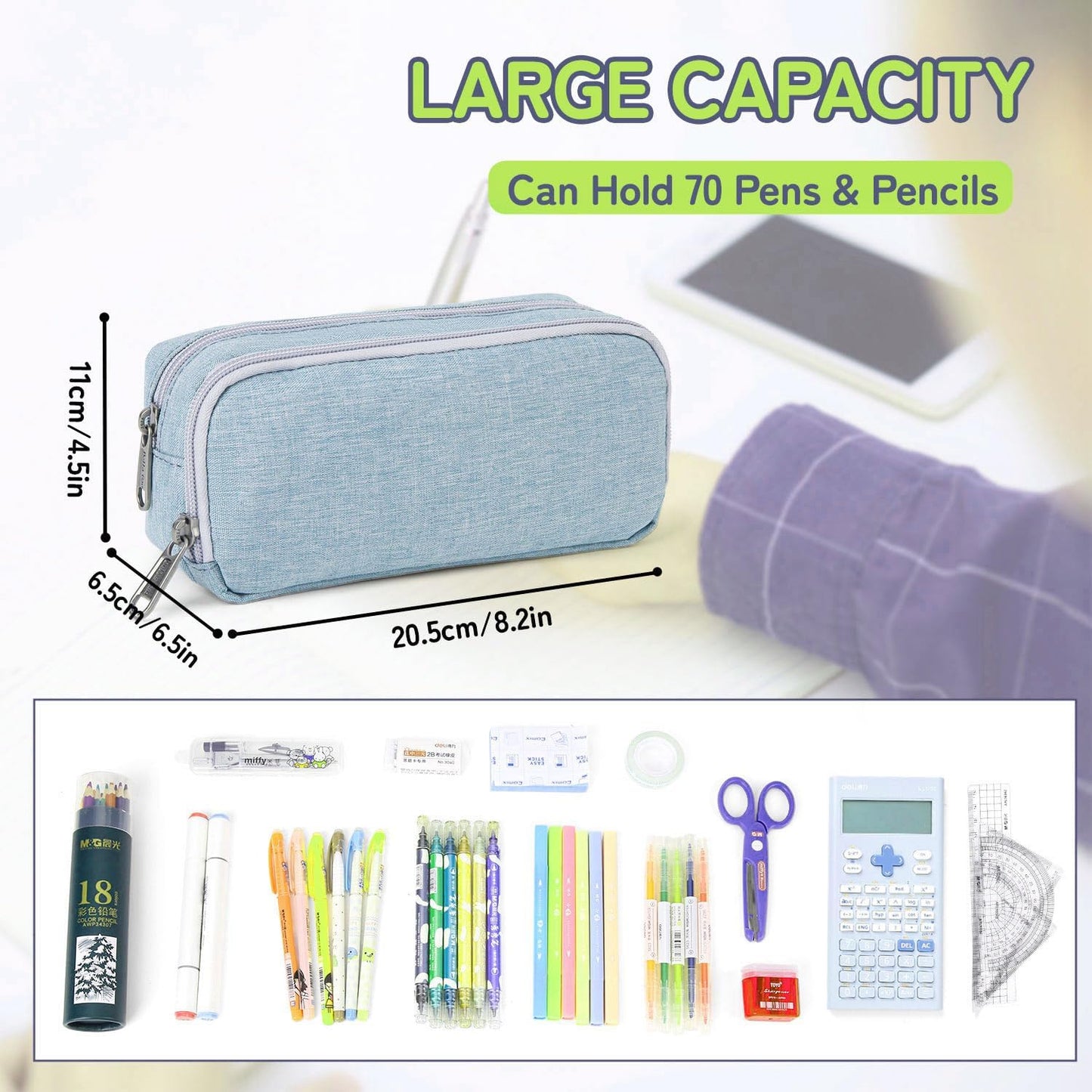 Della Gao Large Pencil Case, Big Capacity Pencil Pouch with 2 Compartments, Office Pencil Bag with Zipper, Big Pen Case for Adults (01-Black)