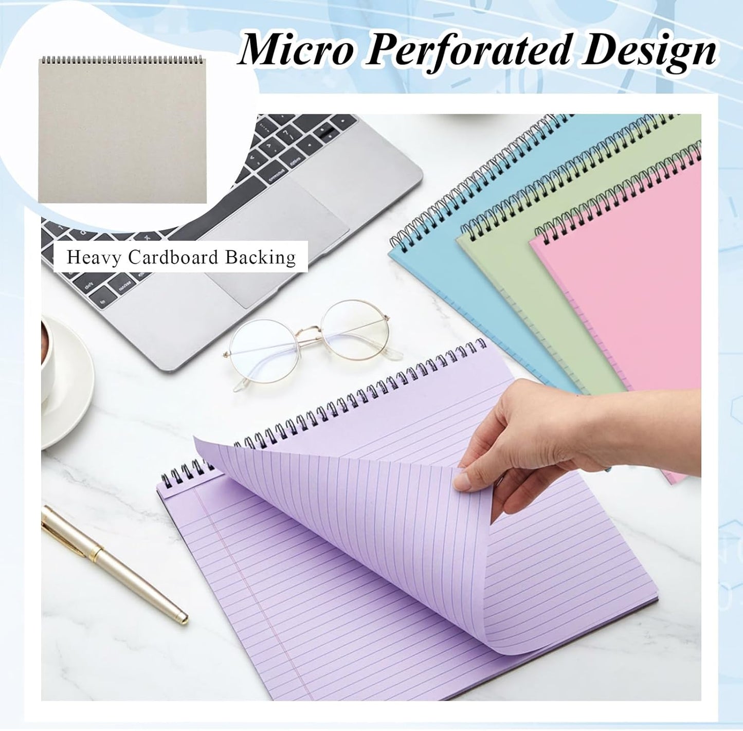 MotiMind 4 Pack Landscape Notebook Top Spiral Bound 11 x 9.5 Inch College Ruled Legal Pads Horizontal Notepad with Hole Punched Pages for Office School Meeting Project Notes Daily Use, White
