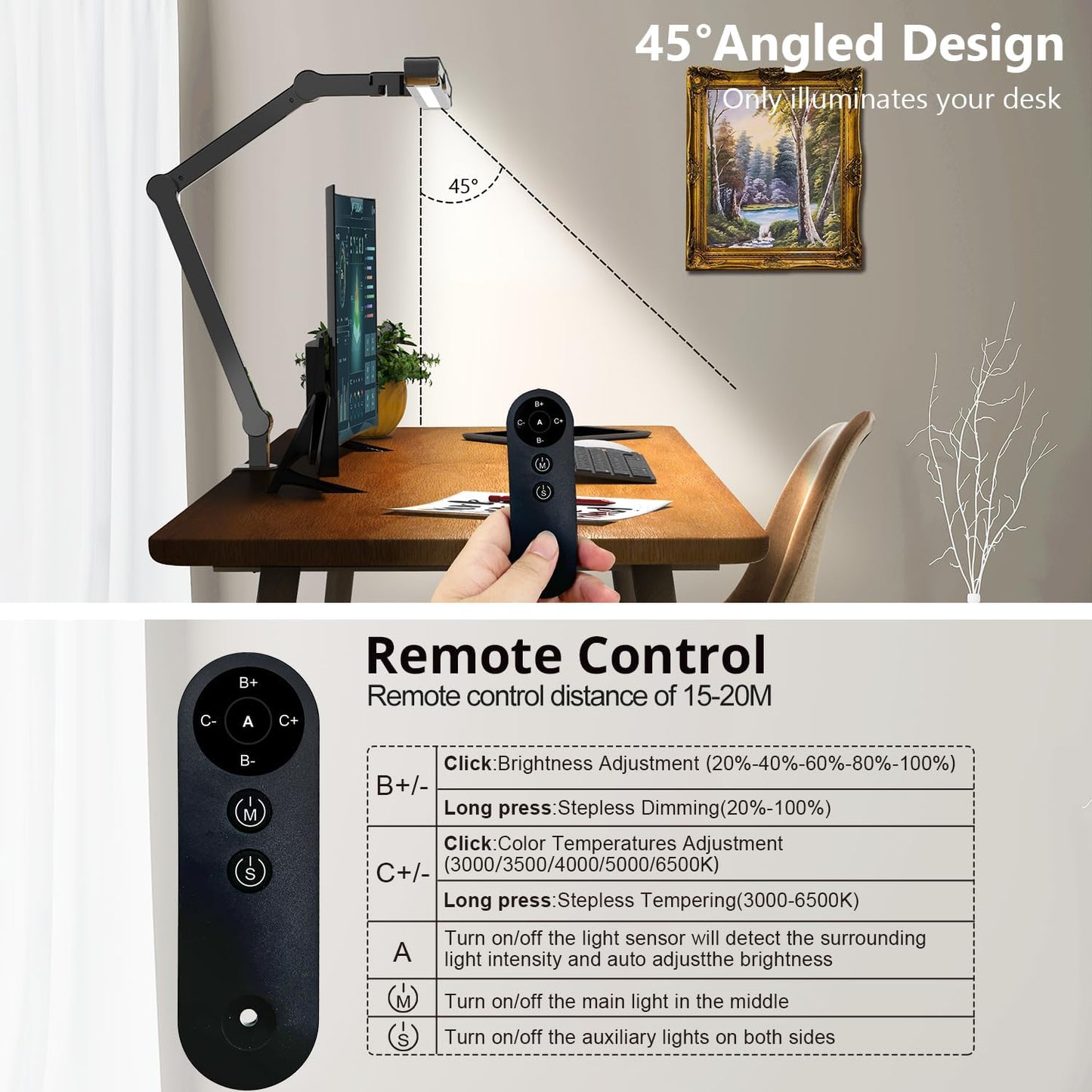 Micomlan Led Desk Lamp with Clamp, Architect Desk Lamp for Home Office with Atmosphere Lighting, 24W Ultra Bright Auto Dimming Computer Light Stepless Dimming and Tempering LED Table Light