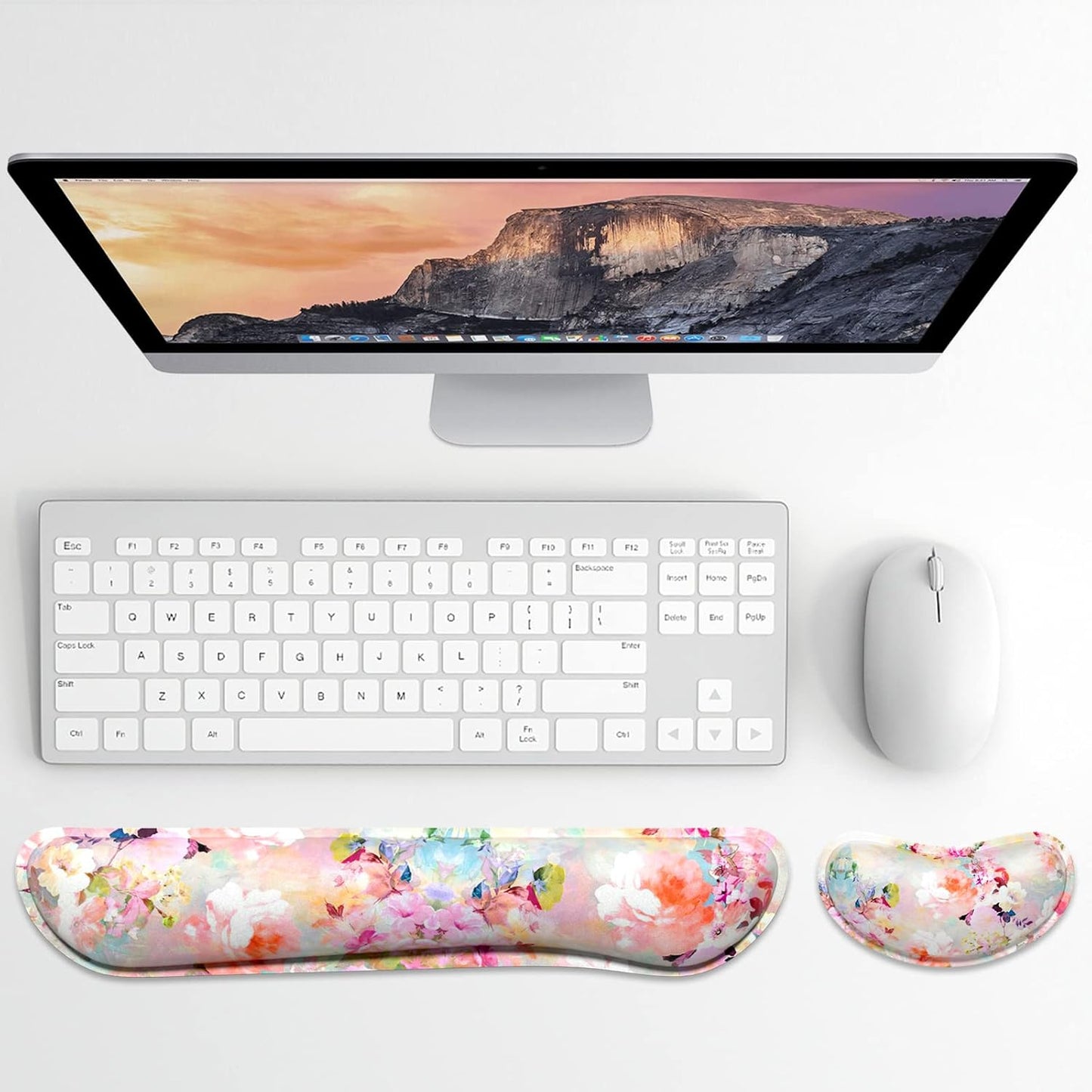 Dapesuom Enlarge Keyboard Wrist Rest, Memory Foam Wrist Cushion for Desk Mat Support, Cute Pain Relief Keyboard Mouse Pad Rests Set with Non-Slip Base for Gaming Laptop Office Computer, Elegant Flower