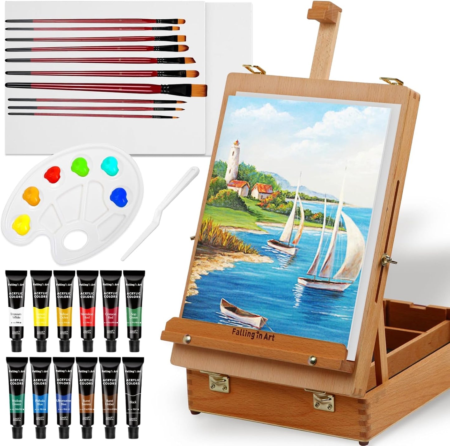 Falling in Art Wooden Tabletop Easel, Beech Wood Sketchbox Desktop Easel for Painting, Portable Art Drawing Easel for Beginners and Professionals