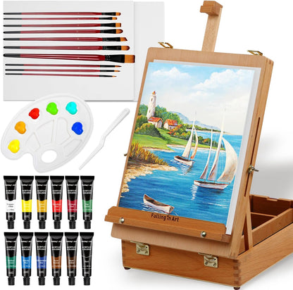 Falling in Art Wooden Tabletop Easel, Beech Wood Sketchbox Desktop Easel for Painting, Portable Art Drawing Easel for Beginners and Professionals