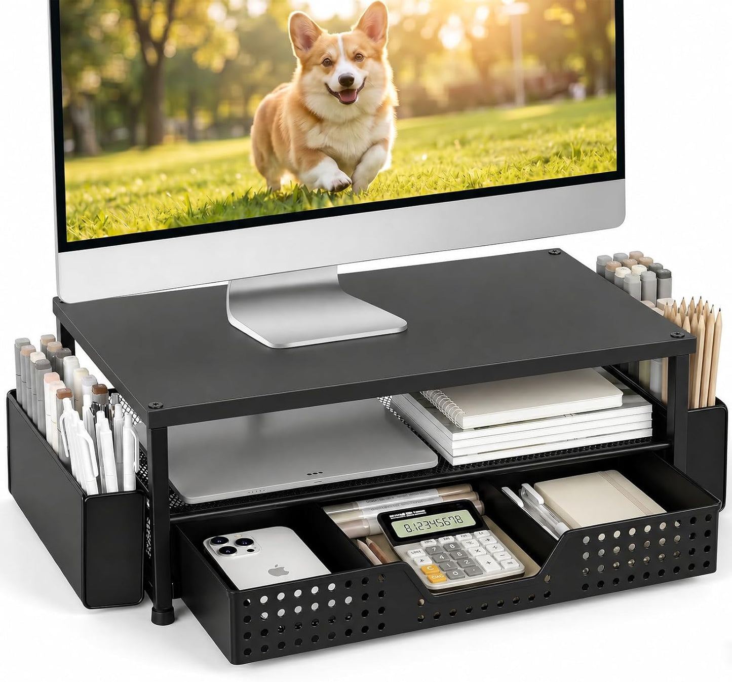 ECOLOVI Desk Organizer and Accessories, 2-Tier Computer Monitor Stand Rise with Storage Drawer & 2 Pen Holders, Laptop & Printer Stand for Desktop, Workspace Organizers for Office Supplies (Brown)
