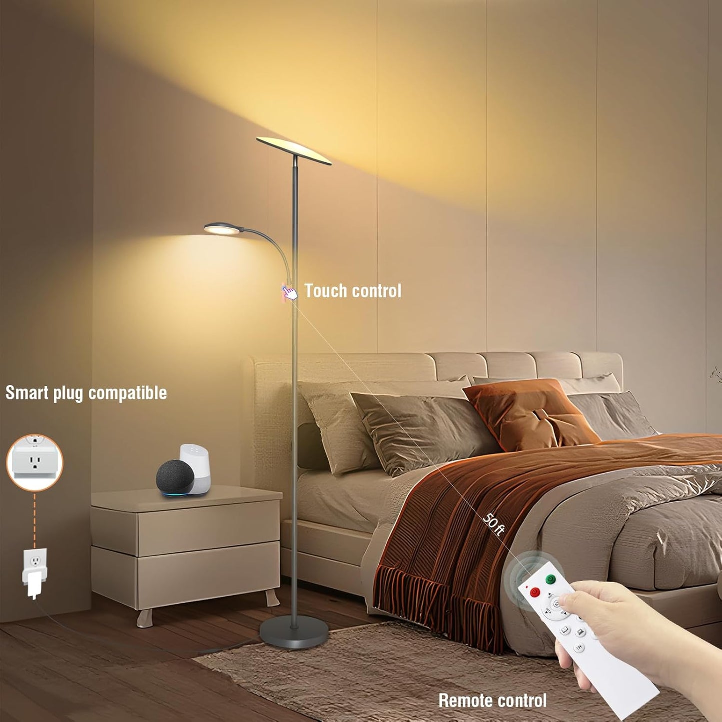 marctronic Floor Lamps for Living Room, 44W/4500LM Super Bright 2 in 1 LED Floor Lamp with Remote, Stepless Dimmable, 69" Tall Standing Floor Lamp with Bendable Reading Light for Bedroom Office