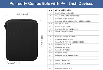 Dadanism 9-11" Tablet Sleeve Bag Carrying Case for iPad (A16) 11th Gen 11", iPad 10th Gen 10.9" Air 5/4, iPad Air M4/Pro 11", iPad 9/8/7th, Galaxy Tab A11+ Plus 11", Remarkable 2 10.3", Black