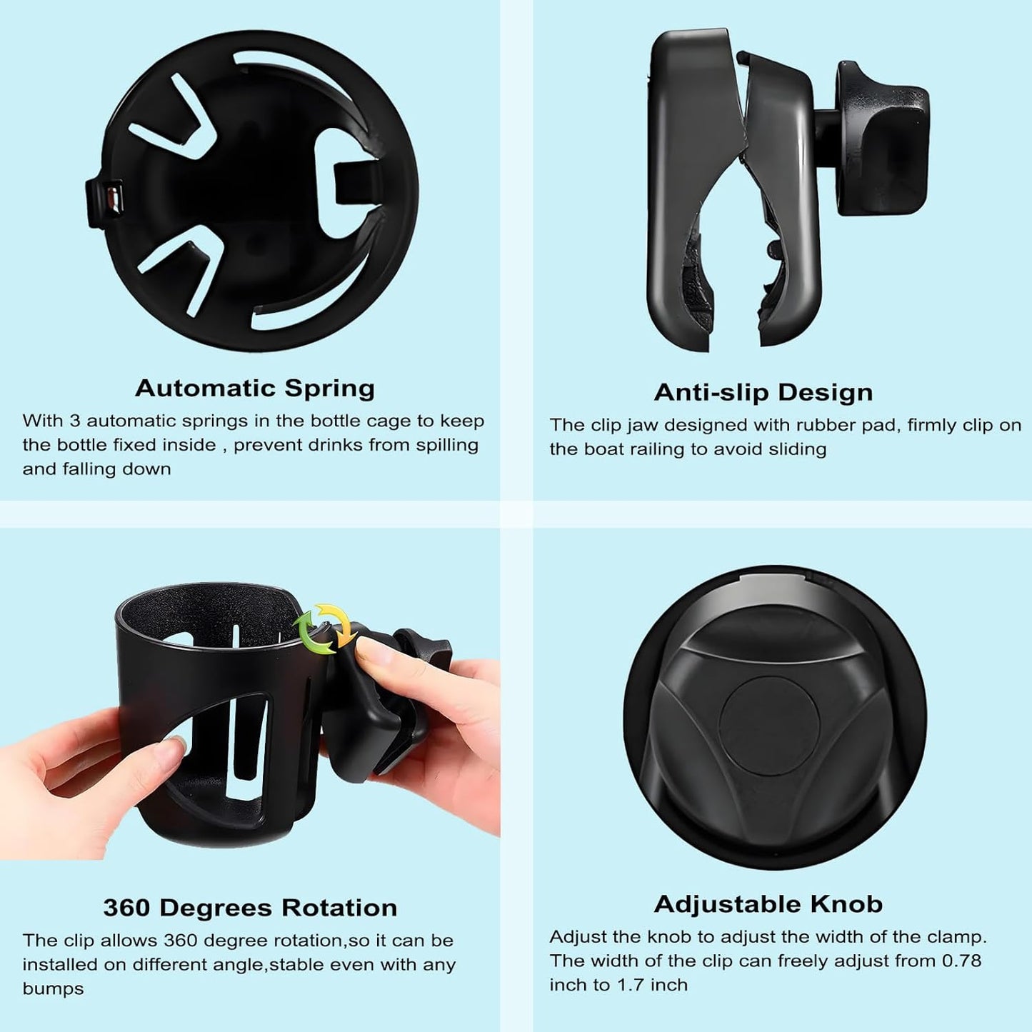 Marine Boat Rail Cup Holder, Clamp-on Mount Marine Universal Rotation Drinks Holder, No Drilling Install On Bimini Top Rail Or Pole, Grip Rail, Grab Bar, Yacht, Kayak, Bikes, Boat Gifts for Boat Lover