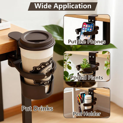 Desk Cup Holder Clip On 360° Rotating Clamp,Deeper Anti-Spill Drink Holders for Water Bottles & Coffee Mugs,Adjustable Clamp Fits Screw On Table for Drinks,Office,Gaming Desk,Home,Black
