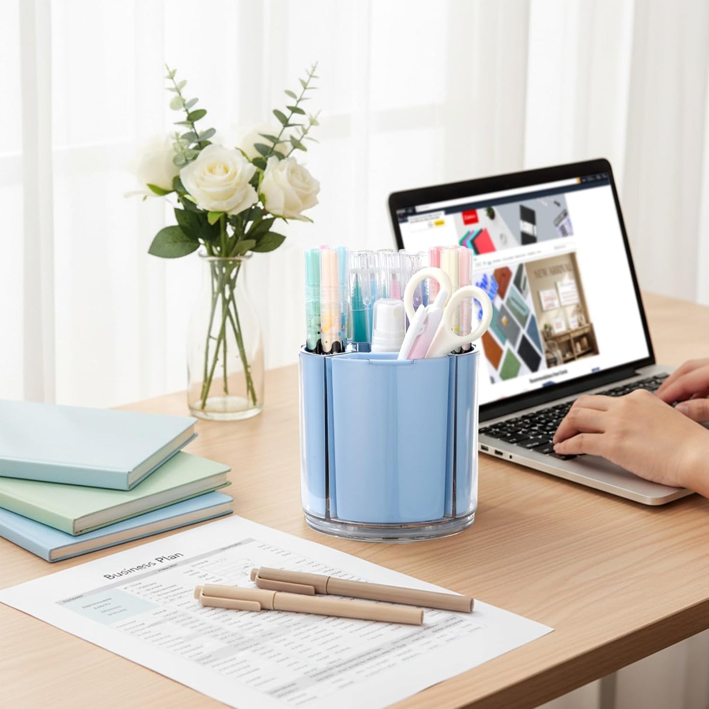 Comix 360° Rotating Pen Holder for Desk, Cute Pencil Holder Pen Organizer, Green Acrylic Pencil Cup Caddy with 5 Slots for Home School Office Supplies