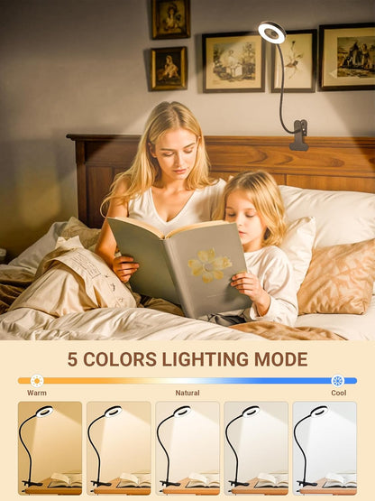 Clip on Lamp,5 Colors+10 Brightness LED Desk Lamp with Clamp,550lm Bright Clip on Light for Bed Headboard/Bedside Table,360°Adjustable Reading Light for Bed,Desk Lights for Home Office Study [Adapter]
