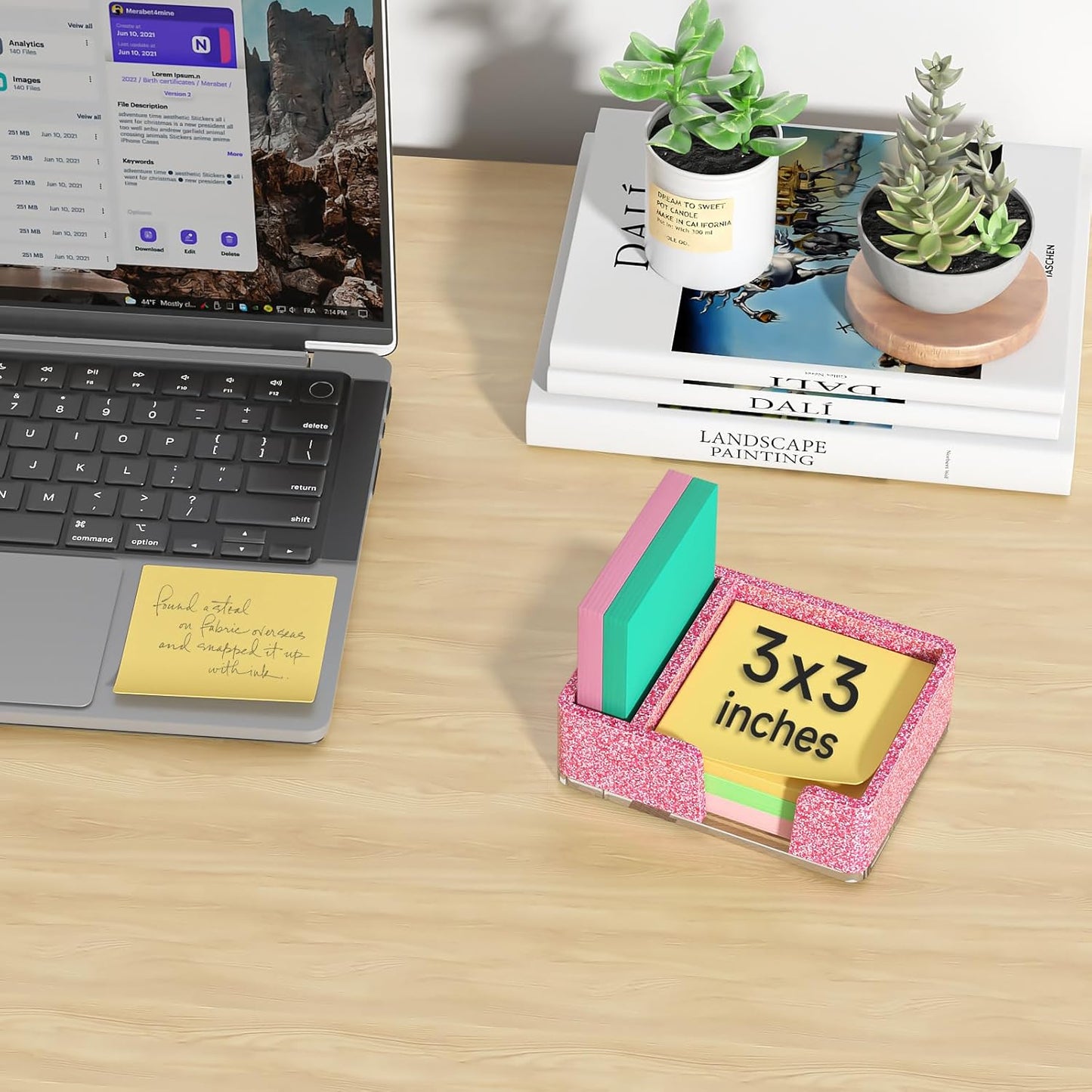 Sticky Note Holder, Glitter Pink Acrylic Notepad Holder 3x3 in Self-Stick Note Dispenser Office Desk Accessories, Memo Pad Holder Organizer for Classroom School Supplies