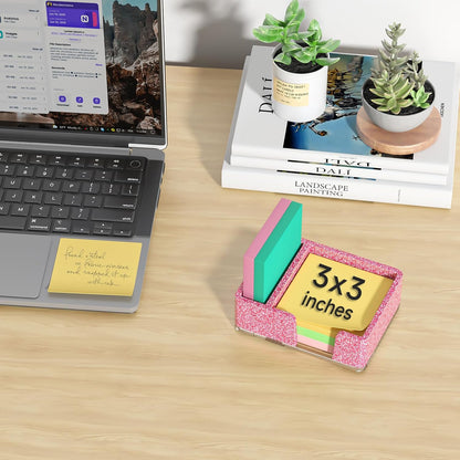 Sticky Note Holder, Glitter Pink Acrylic Notepad Holder 3x3 in Self-Stick Note Dispenser Office Desk Accessories, Memo Pad Holder Organizer for Classroom School Supplies