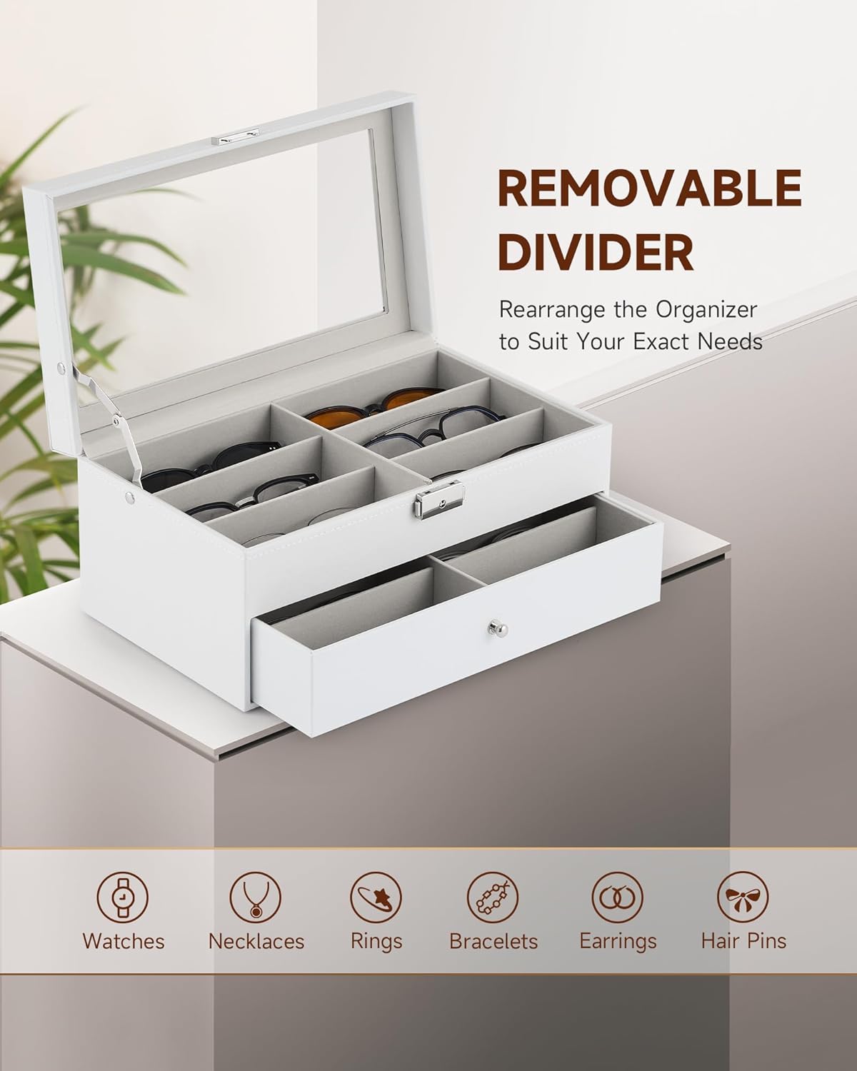 CO-Z Sunglasses Organizer with 12 Slots, Multiple Eyeglasses Eyewear Display Case for Women Men, 2 Story Leather Multi Sunglasses Jewelry Collection Holder with Drawer