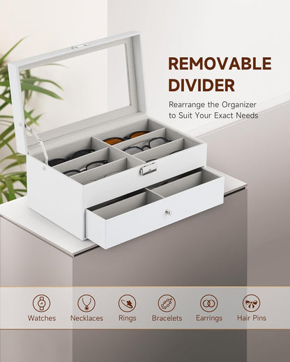 CO-Z Sunglasses Organizer with 12 Slots, Multiple Eyeglasses Eyewear Display Case for Women Men, 2 Story Leather Multi Sunglasses Jewelry Collection Holder with Drawer