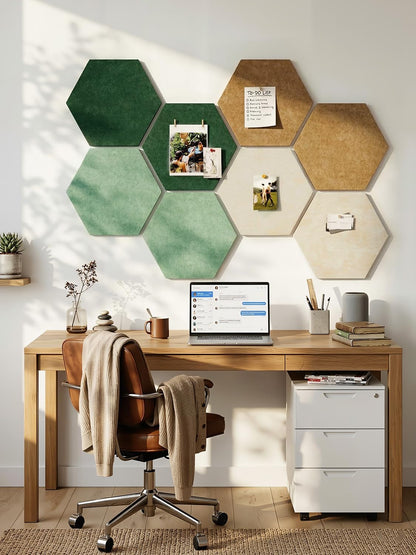 8 Pack Hexagon Felt Bulletin Board Tiles - 12" Large Thick Pin Board for Walls with 30 Push Pins, DIY Boards for Office Home School Decor, Aesthetic Hex Cork Board Alternative