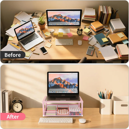 Wood Metal Monitor Stand Riser, Laptop Stand for Desk, Office Desk Organizer and Accessories, Computer Desktop Shelf with Drawer and Pen Holder, Printer Stand for Home, Office, Dorm (Natural Wood)