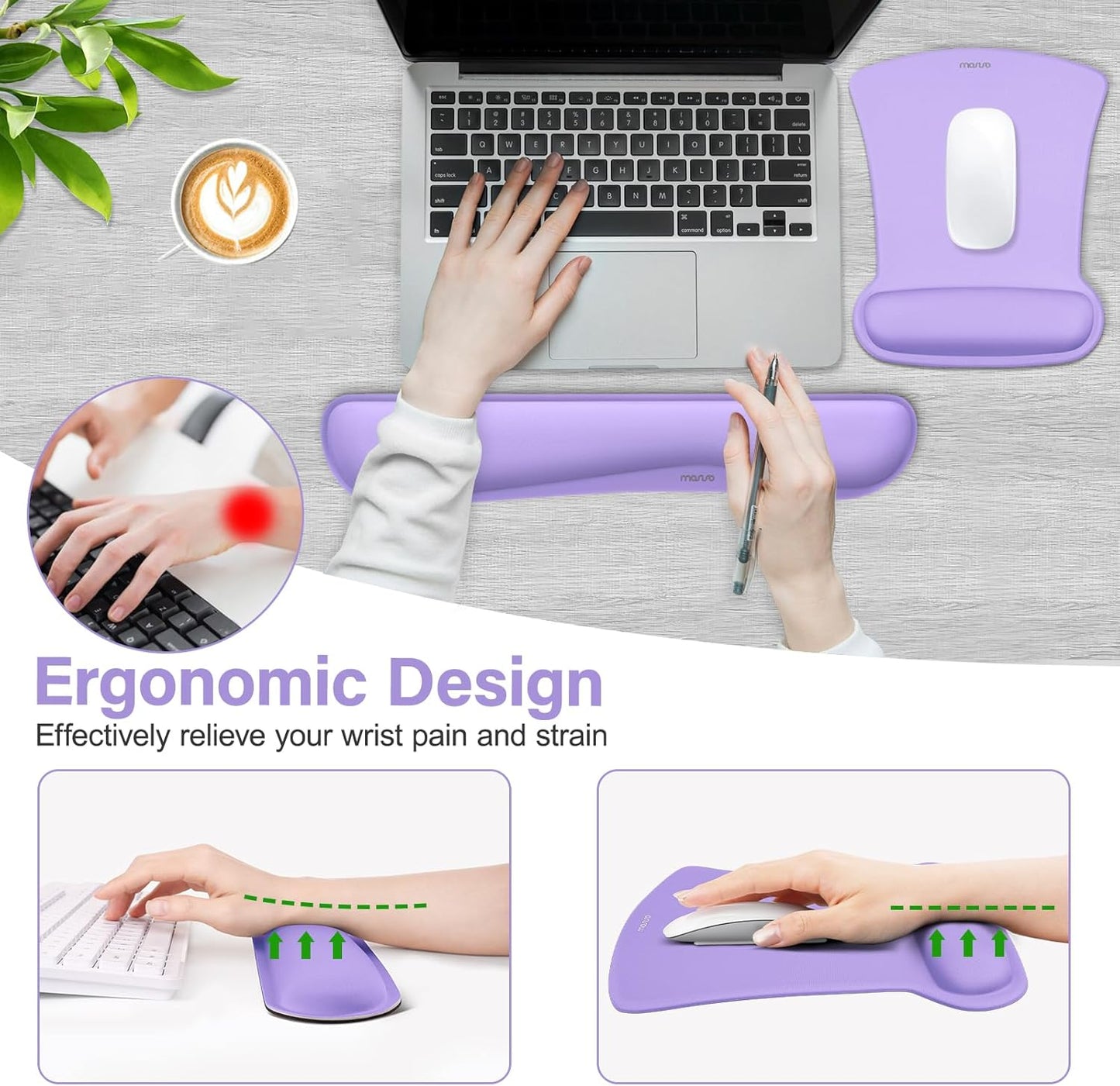 MOSISO Wrist Rest Support for Mouse Pad & Keyboard Set, Ergonomic Mousepad Non-Slip Base Home/Office Pain Relief & Easy Typing Cushion with Neoprene Cloth & Raised Memory Foam, Black