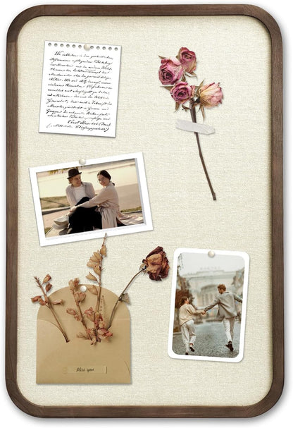 Linen Bulletin Board, Pin Board for Walls, Fabric Bulletin Board, 13"x17"Small Pin Board for Home Kitchen Office Decorative, Brown Wood Frame Cork Board(BN-3343)