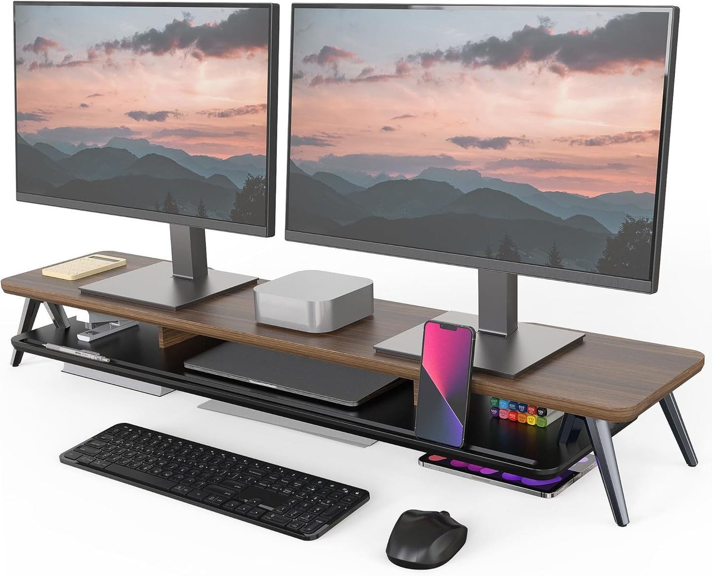 Fenge Dual Monitor Stand, Monitor Stands Riser for 2 monitors, 42.5 Inch Wood Desk Shelf with Storage Organizer and Cable Management for Office Desk Accessories