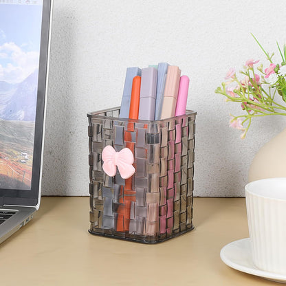 Artistic Acrylic Pen Holder Cute, Clear Stylish Pencil Holder for Desk, Black Transparent Makeup Brush Holders with Woven Texture and a Pink Bow, Clear Pencil Organizer Pen Caddy for Desk Accessories