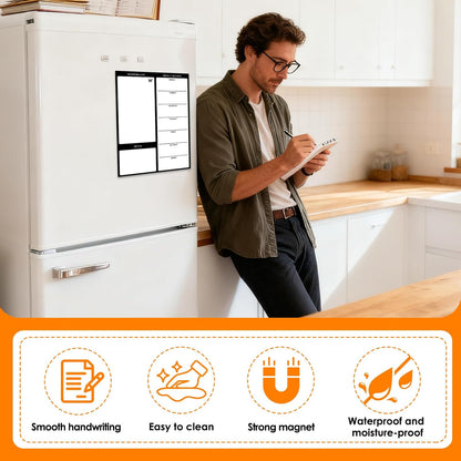Magnetic Weekly Meal Planner for Refrigerator, 8x12'' Dry Erase Menu Board, Stain Resistant Whiteboard, Strong Magnetic Backing, Ideal for Families, Students, Roommates, Notes, Grocery Lists (A)