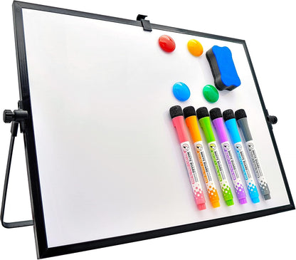 Desktop Dry Erase Board - 16in x12in Double Sided Stylish Black Frame Magnetic Desktop Whiteboard with Stand Comes with 6 Magnetic Markers, 4 Magnets, 1 Eraser, 1 Pen Clip