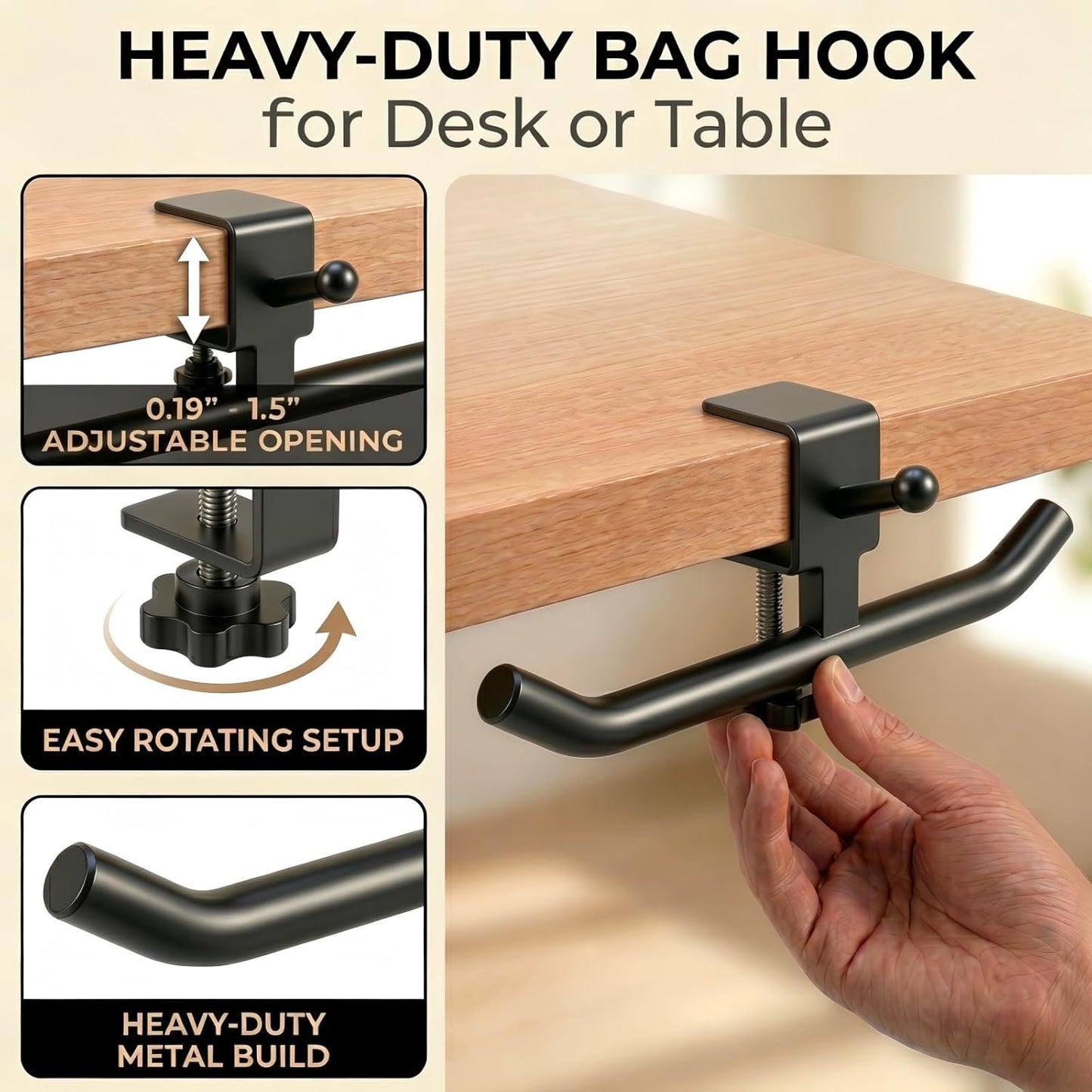 Desk Hook for Bag, Adjustable Purse Hook for Table (1-4cm/0.39-1.45in), Heavy Duty Carbon Steel Backpack Hanger, 80lb Capacity Clamp-On Bag Holder for Office, Classroom, Cafe, Home, and Gaming (White)