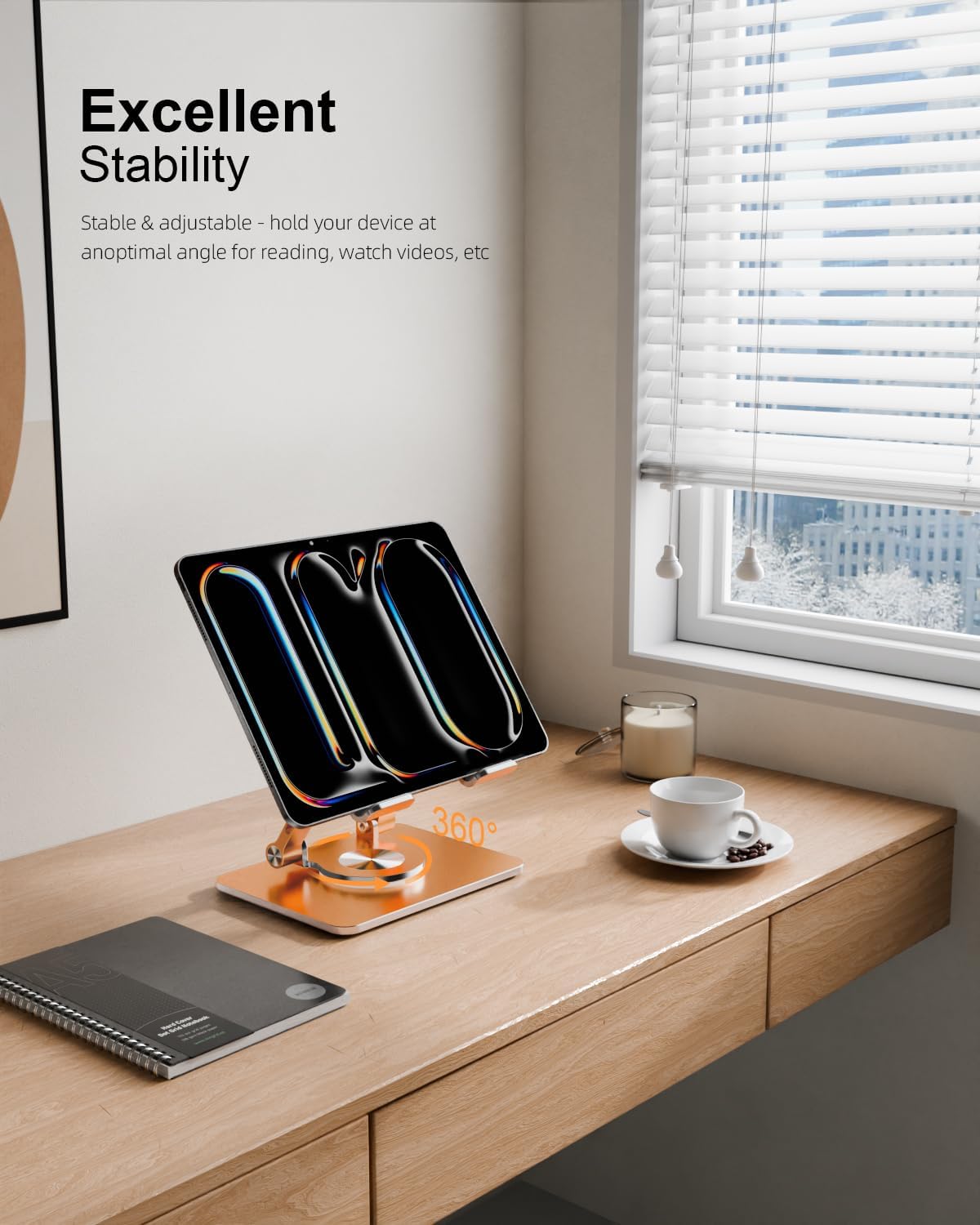 Orlian Tablet Stand Holder with Thickened 360°Rotating Base Dual Rod Adjustable Aluminum Stand for All 5.8-12.9” iPad Samsung Phone Tablet Kindle E-Reader and More, Black