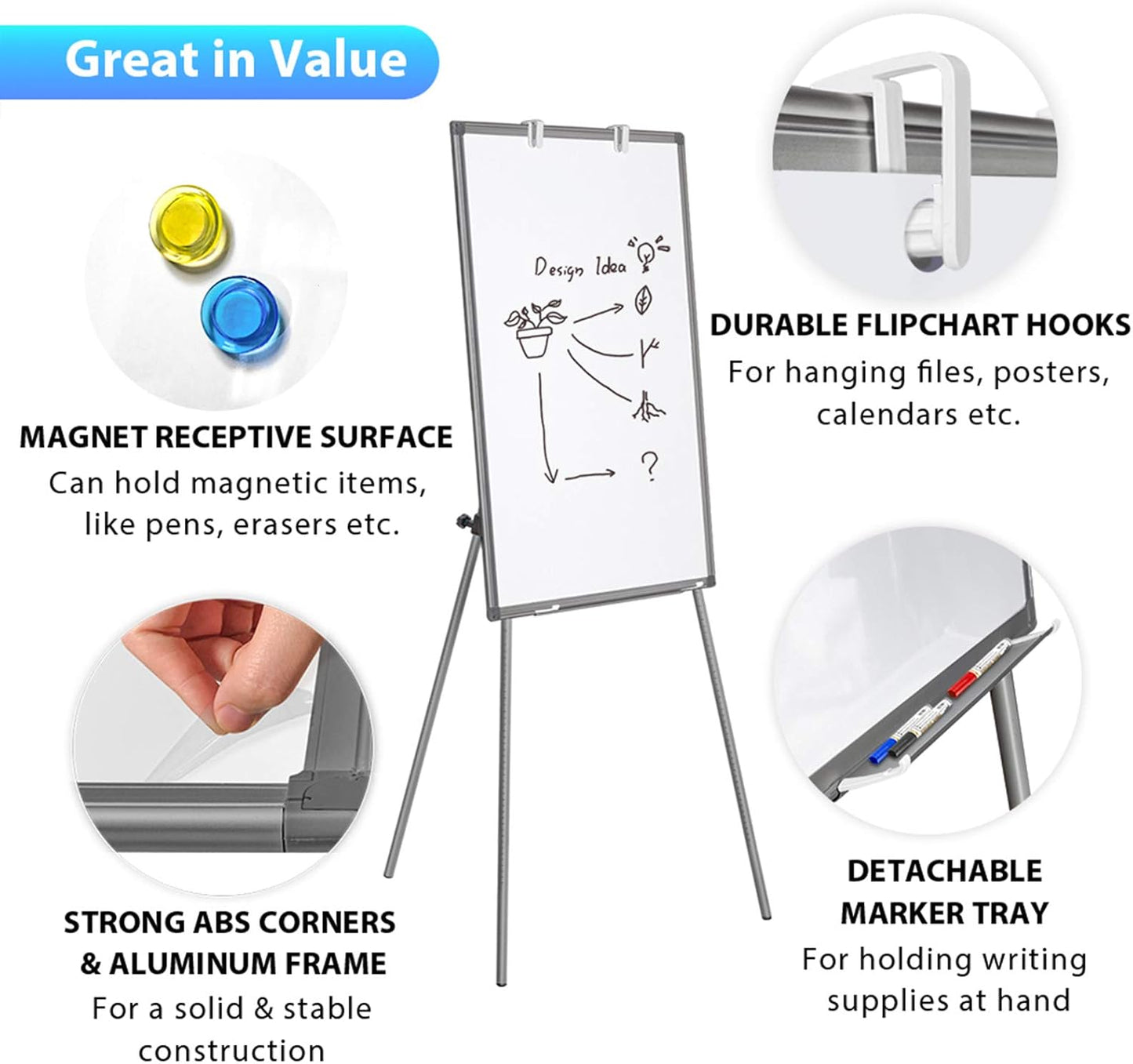 Easel Whiteboard - Magnetic Portable Dry Erase 36 x 24 Tripod Height Adjustable, 3' x 2' Flipchart Easel Stand White Board for Office or Teaching at Home & Classroom (36x24 White)