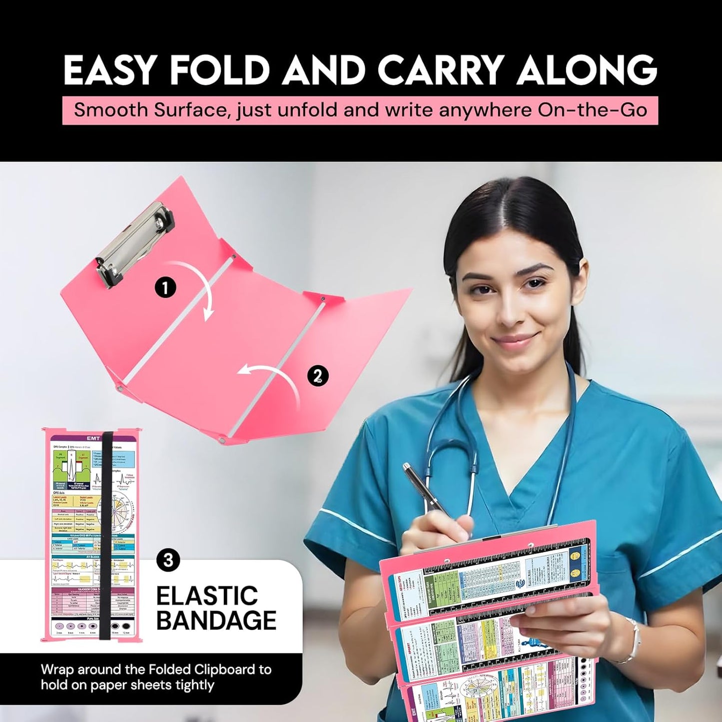 Nursing Clipboard Foldable with Medical Edition Cheat Sheets, 3 Layers Aluminum Foldable Clipboard for Nursing, Notepad for Students, Nursing School Essentials (Black)